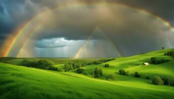 ai generato arcobaleno al di sopra di verde colline e i campi foto