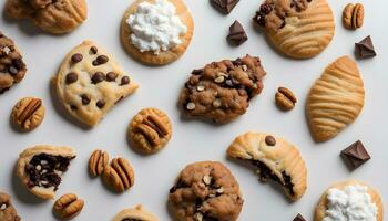 ai generato vario biscotti e cioccolato patatine fritte disposte su un' bianca superficie foto