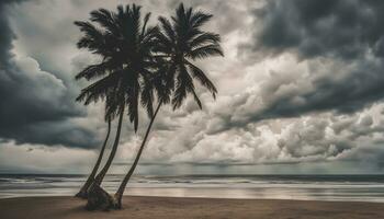 ai generato Due palma alberi su un' spiaggia sotto un' tempestoso cielo foto