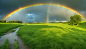 ai generato arcobaleno al di sopra di verde campo con alberi e ruscello foto