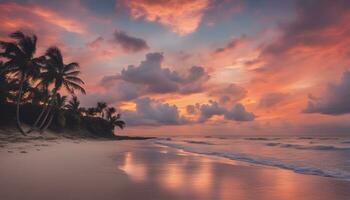 ai generato un' bellissimo tramonto su un' tropicale spiaggia con palma alberi foto