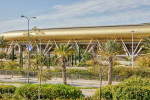 panoramico Visualizza di sammy offrire stadio circondato di lussureggiante verde erba e alberi nel haifa foto