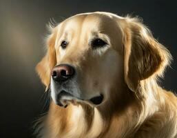 ai generato avvicinamento ritratto di un' bellissimo d'oro cane da riporto con sfocato sfondo foto