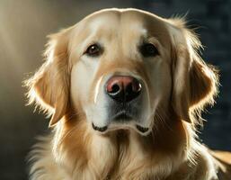 ai generato avvicinamento ritratto di un' bellissimo d'oro cane da riporto con sfocato sfondo foto