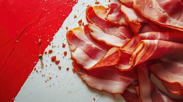 ai generato sottilmente affettato guarito prosciutto con erbe aromatiche su un' bianca superficie foto