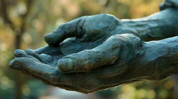 ai generato avvicinamento di bronzo scultura mani Aperto nel un' gesto di dando foto