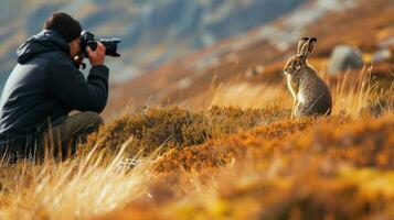 ai generato fotografo cattura un' lepre nel il selvaggio foto