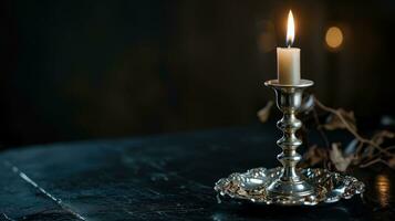 ai generato un elegante argento candela titolare con un' illuminato candela su buio foto