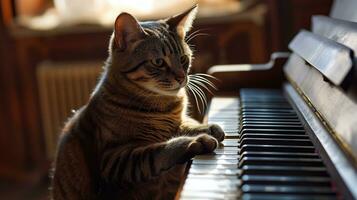 ai generato soriano gatto con zampa su pianoforte chiavi nel luce del sole foto