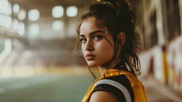 ai generato ritratto di un' giovane femmina atleta nel un' stadio foto