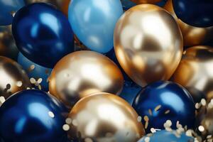 ai generato festa palloncini sfondo , d'oro e blu palloncini sfondo con coriandoli e bokeh sfondi ai generato foto