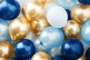 ai generato compleanno festa palloncini, d'oro e blu palloncini sfondo con coriandoli e bokeh sfondi ai generato foto