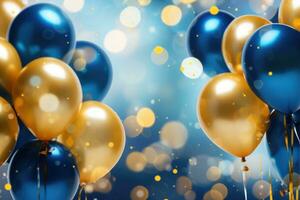 ai generato palloncini sfondo decorazione , d'oro e blu palloncini sfondo con coriandoli e bokeh sfondi ai generato foto