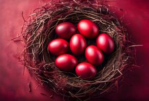 ai generato colorato in profondità rosso Pasqua uova nel nido superiore Visualizza sfondo foto