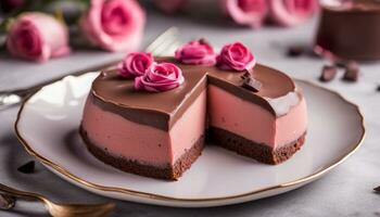 ai generato rosa cioccolato mousse torta su un' bellissimo piatto avvicinamento crema foto