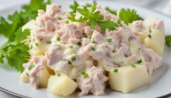 ai generato ensaladilla rusa, Patata insalata con tonno e Maionese foto