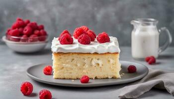 ai generato tres lech torta con frustato crema e fresco lamponi su superiore di un' grigio calcestruzzo sfondo. tradizionale torta a partire dal latino America. copia spazio foto