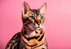 ai generato ritratto di un' Bengala gatto su un' rosa sfondo. copia spazio. foto