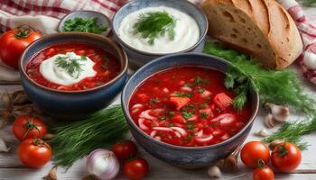 ai generato Due ciotole di ucraino borscht su ricamato tovaglioli, pane, acida crema, spezie, cipolle, aglio foto