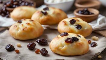 ai generato tortini con Villetta formaggio e uva passa. russo Pasticcino foto