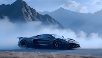 ai generato un' Opaco nero supercar emerge a partire dal un' vorticoso nebbia banca, suo elegante silhouette delineato contro un' drammatico montagna sfondo. foto