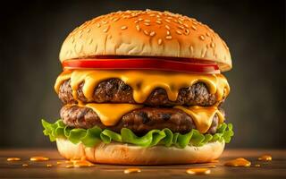 ai generato un' acquolina in bocca avvicinamento di un' buongustaio hamburger con gocciolante formaggio su bianca sfondo foto