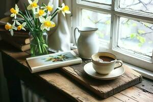 ai generato accogliente Pasqua primavera ancora vita. saluto carta modello scena. tazza di caffè, libri, di legno taglio asse, latte brocca e vaso di fiori su davanzale. floreale composizione. generativo ai. foto