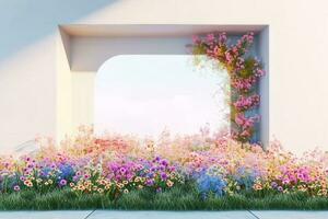 ai generato primavera floreale installazione scena con geometrico arco modulo. 3d resa. generativo ai. foto