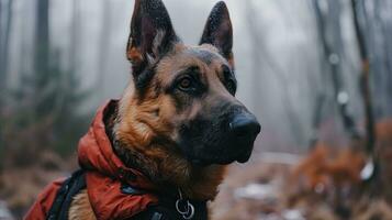 ai generato un' Tedesco pastore cane nel un' rosso giacca nel il boschi. generativo ai foto