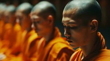 ai generato un' gruppo di monaci seduta nel un' linea. generativo ai foto