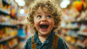 ai generato gioioso bambino piccolo ridendo nel drogheria memorizzare corridoio con luminosa sfondo foto