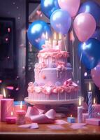 ai generato compleanno carta immagine dello schermo miniatura con compleanno candele e palloncini. foto