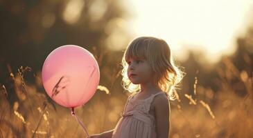 ai generato ragazza con un' rosa Palloncino nel natura foto