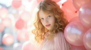 ai generato giovane ragazza su un' sfondo di rosa palloncini foto