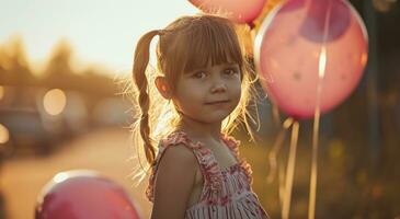 ai generato ragazza con un' rosa Palloncino nel natura foto