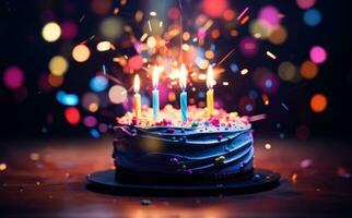 ai generato compleanno torta con un' candela su un' sfondo di colorato orpello foto