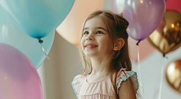 ai generato poco ragazza festeggiare sua compleanno con palloncini foto