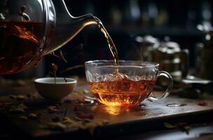 ai generato tè tazze su di legno tavolo su buio sfondo foto