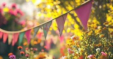 ai generato divertimento giorno bandiere con fiori sospeso giù foto