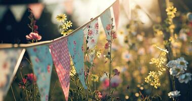 ai generato divertimento giorno bandiere con fiori sospeso giù foto