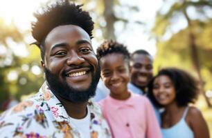 ai generato uomo nel bianca camicia sorridente nel all'aperto con famiglia foto