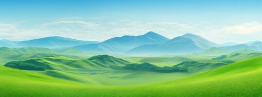 ai generato il verde campo è sfocato con montagne al di là esso foto