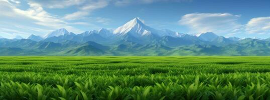 ai generato il verde campo è sfocato con montagne al di là esso foto