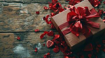 ai generato San Valentino regalo tutorial con regalo scatola su un' rustico legna sfondo foto