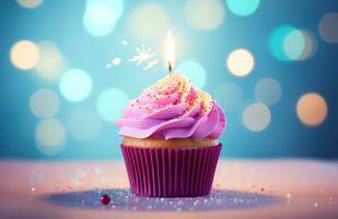 ai generato un' rosso compleanno Cupcake con un' candela nel davanti di bianca cerchi foto