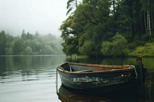 ai generato un' riga barca attraccato su un' lago con alberi e acqua, foto