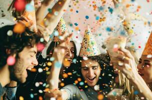 ai generato un' gruppo di persone siamo tutti Tenere su festa cappelli mentre festeggiare un' compleanno, foto