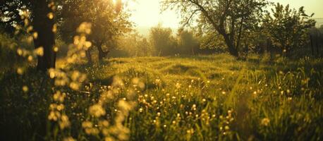 ai generato un' verde campo con alberi e fiori, sfocato metraggio foto