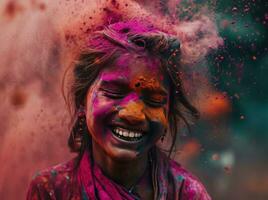 ai generato un' ragazza sorridente contento con colorato polvere foto
