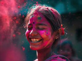 ai generato un' ragazza sorridente contento con colorato polvere foto